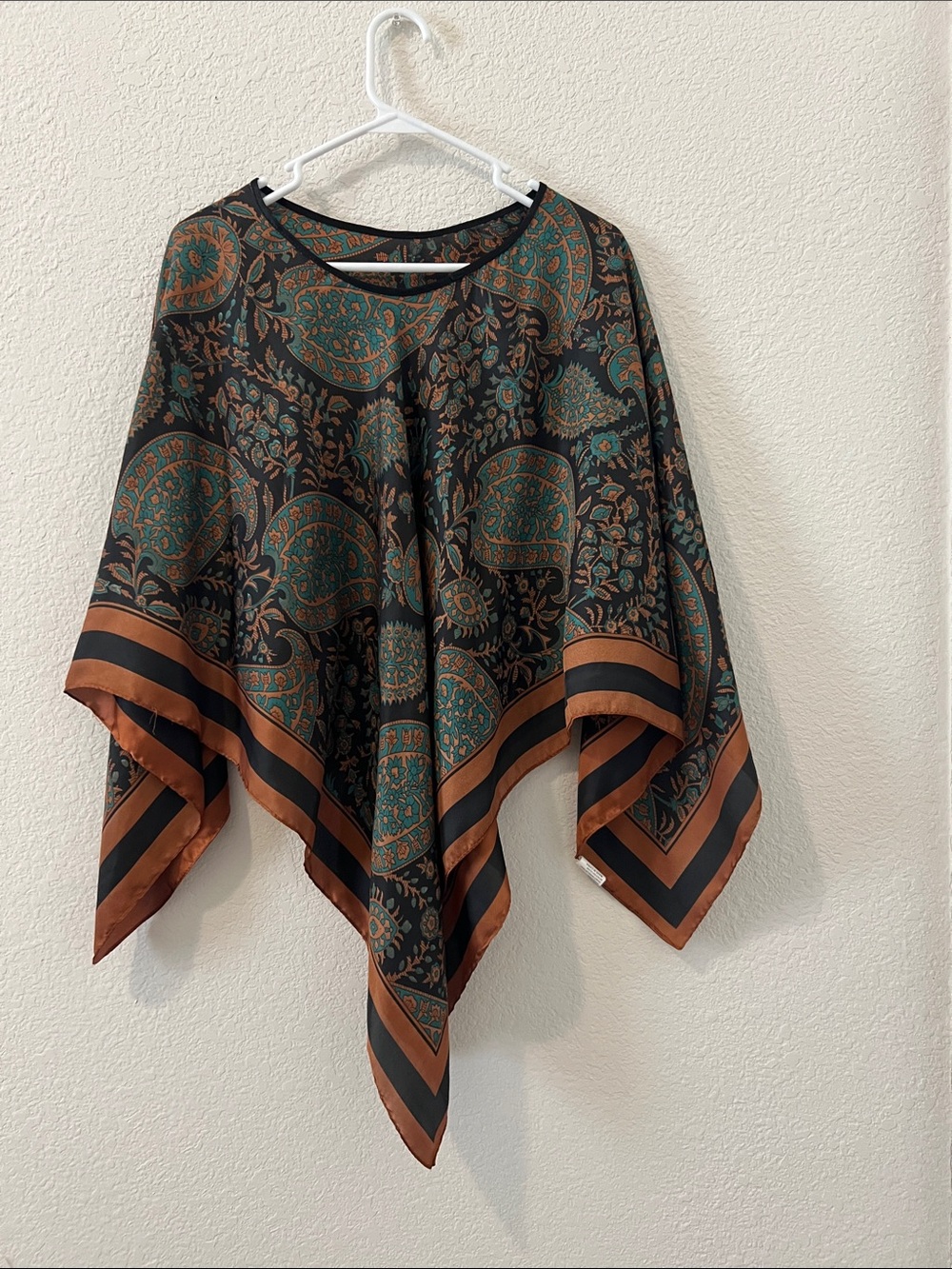 Black and Teal Paisley Poncho Tunic with Rust Trim